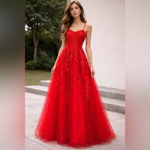 Elegant Red Lace A-Line Corset Back Adjustable Small Floor Length Prom Gown